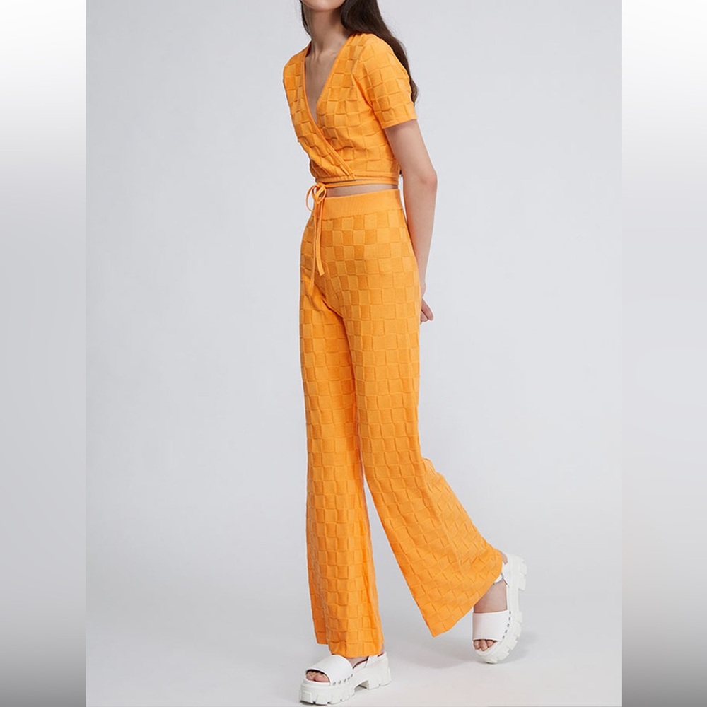 Another Girl Organic Checkerboard Effect Flare Pants/Crop Wrap Top Set